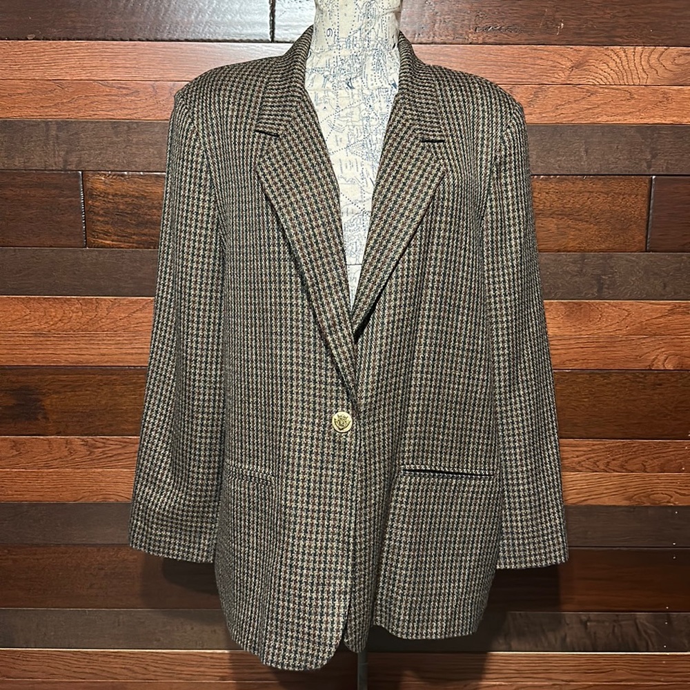 Vintage Alice Stewart Cloverleaf Lapel Long Sleeve Brown Hounds Tooth Blazer